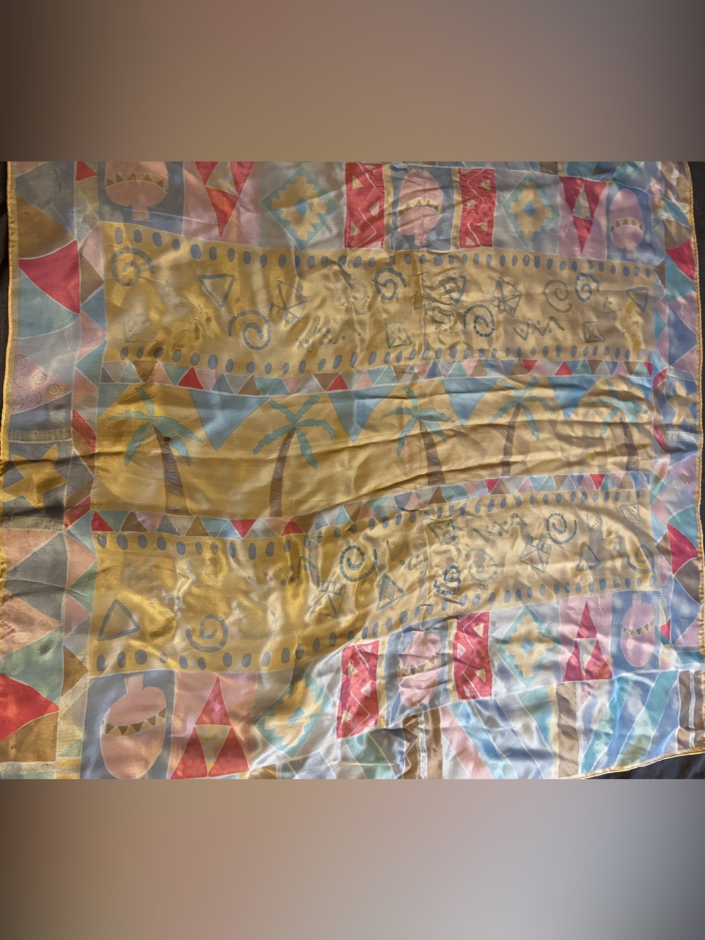 Echo Satin Scarf Vintage Geometric Abstract Print Gold Multicolor 32x31 AS IS